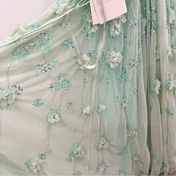 NWT Mac Duggal 70275 Aqua Mint Sequined Floral Ruffle Cutout Tulle Maxi Dress 2 - Picture 9 of 11